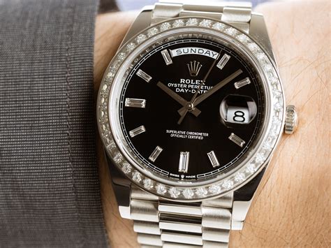 rolex day-date black dial diamond|Rolex baguette diamond bezel.